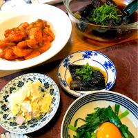 海老チリ、茄子揚げ浸し、ニラの卵乗せ、ポテトサラダ